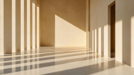 Empty room with a long, narrow corridor. the walls are painted in a light beige color and the floor is made of concrete. the corridor is lined with vertical lines that create a grid-like pattern.