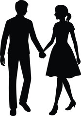 Couple Holding Hands Walking Silhouette . Vector Illustration