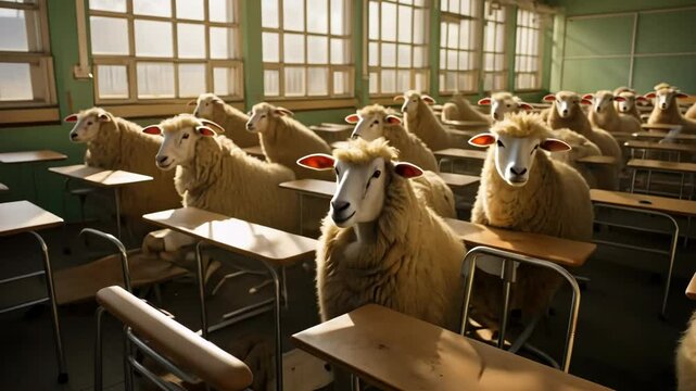 sheep seated at classroom desks in structured learning environment, concept of education metaphor, creative advertising, animal-themed editorial