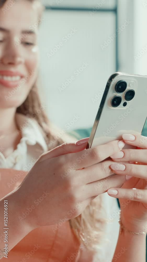 Poster happy woman, hands and typing on mobile for social media, meme website and text message in home. per
