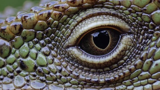 Extreme close up revealing intricate details of reptilian eye, blinking and highlighting scaly skin texture with vivid clarity