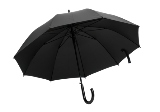 Isolated Open Black Umbrella with Hooked Handle for Rain Protection