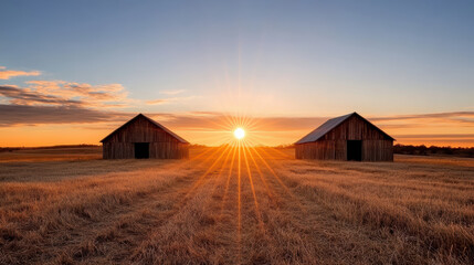 Rustic barns silhouetted against rising sun, creating serene and picturesque landscape