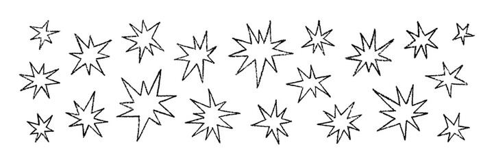 Crayon hand drawn doodle stars set. Childish pencil drawing cosmic sparks and sparkles. Vector texture illustration