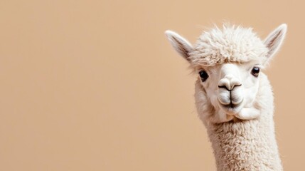 Obraz premium Close-up portrait of a white alpaca. the background is a plain beige color, and the focus is on the head and neck of the animal.