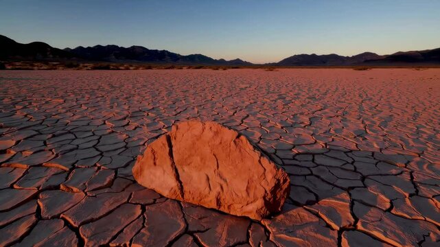 Large reddish rock on cracked desert floor at sunset, symbolizing arid climate, stillness, geological beauty, and remote wilderness environment