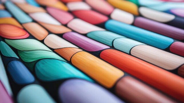 Close-up of a group of colorful pencils arranged in a diagonal pattern. the pencils are of different colors, including red, orange, yellow, green, blue, purple, and pink.