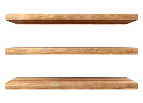 Three empty wooden shelves