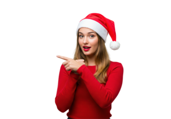 Isolated Joyful Christmas Woman Pointing to the Side with Festive Red Outfit