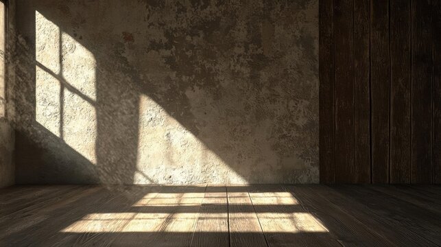 Empty room with a wooden floor and a concrete wall. the wall is old and weathered, with peeling paint and cracks.