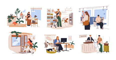 Dog-friendly places set. People, pet owners with companion animals in public spots, cafe, store, grocery shop, office workplace and transport. Flat vector illustrations isolated on white background
