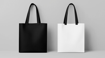 Minimalist mockup featuring white and black tote bags on a soft grey background, ideal for product showcasing and design previews.