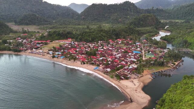 Drone aerial view of indonesian town city village near padang west sumatra
