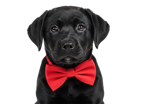 Isolated Adorable Black Labrador Puppy Wearing a Red Bowtie