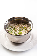 Hot pot soup base in stainless steel soup pot: wild mushroom soup