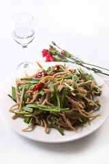 Fried fish with buckwheat and spicy sauce