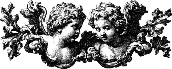 Elegant baroque angel reliefs in engraved style for classic decorative art