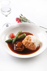 Asparagus, abalone and rice with abalone sauce