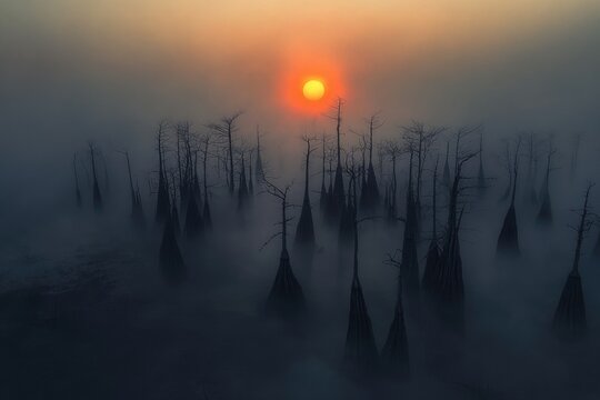 Misty swamp at sunrise, silhouettes of cypress trees against a vibrant orange sun.