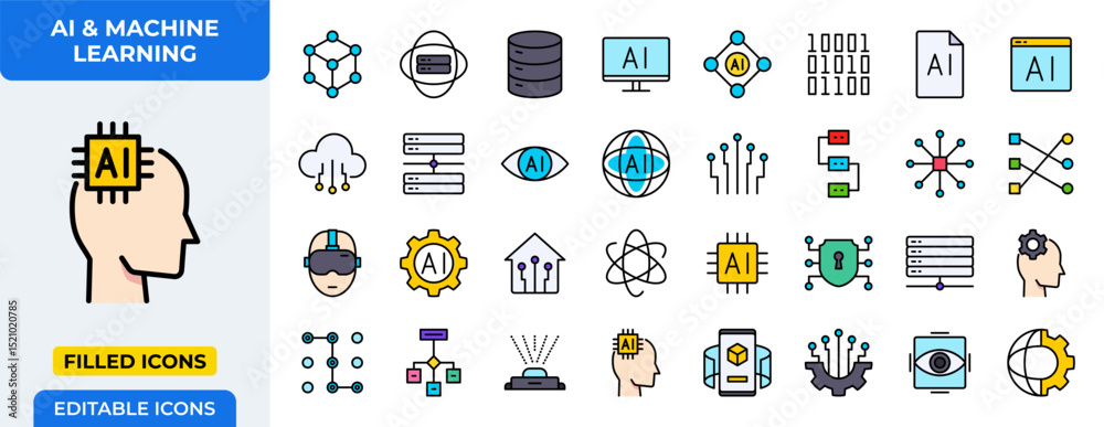 Poster ai and machine learning filled icons set - artificial intelligence, data science, and robotics vecto
