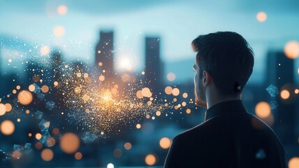 Businessman looking out a window at a observing a stream of data flowing against the backdrop of sunset, modern cityscape