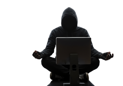 Isolated Anonymous Hacker Meditating Behind Computer