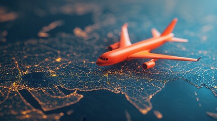 glowing of airplane paths, over world map with network Orange air cargo logistics delivery symbolizing global transportation and flying