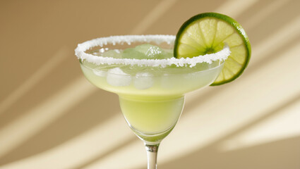 A margarita with salt rim and lime wedge