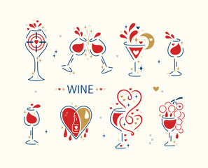 Wine Lover – Romantic Vector Set of Wine Glasses with Hearts, Shining Stars, Wine Splashes