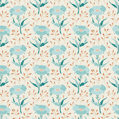 Vector Wildflowers Seamless Pattern. Floral Background with Turquoise Flowers and Red Berry Branches. Beautiful Ditsy Floral Print for Spring, Summer, Autumn Nature Vintage Wallpaper