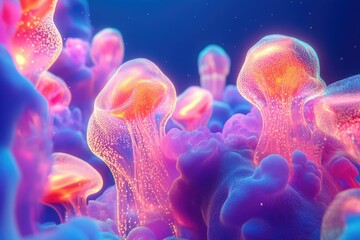 Luminous jellyfish-like forms float in a vibrant, abstract underwater scene.