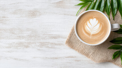 Aesthetic latte art with fern pattern on rustic wood surface, surrounded by greenery