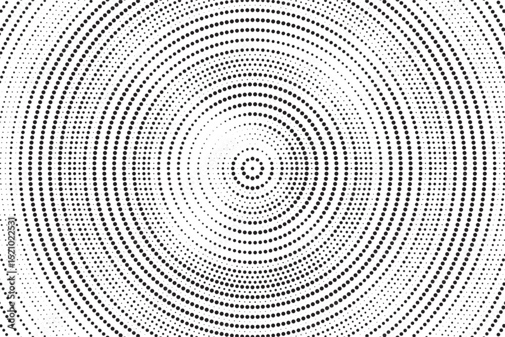 Aufkleber Radial halftone gradient background. Dotted concentric texture with fading effect. Black and white circle shade wallpaper. Grunge rough vector. Monochrome backdrop	
