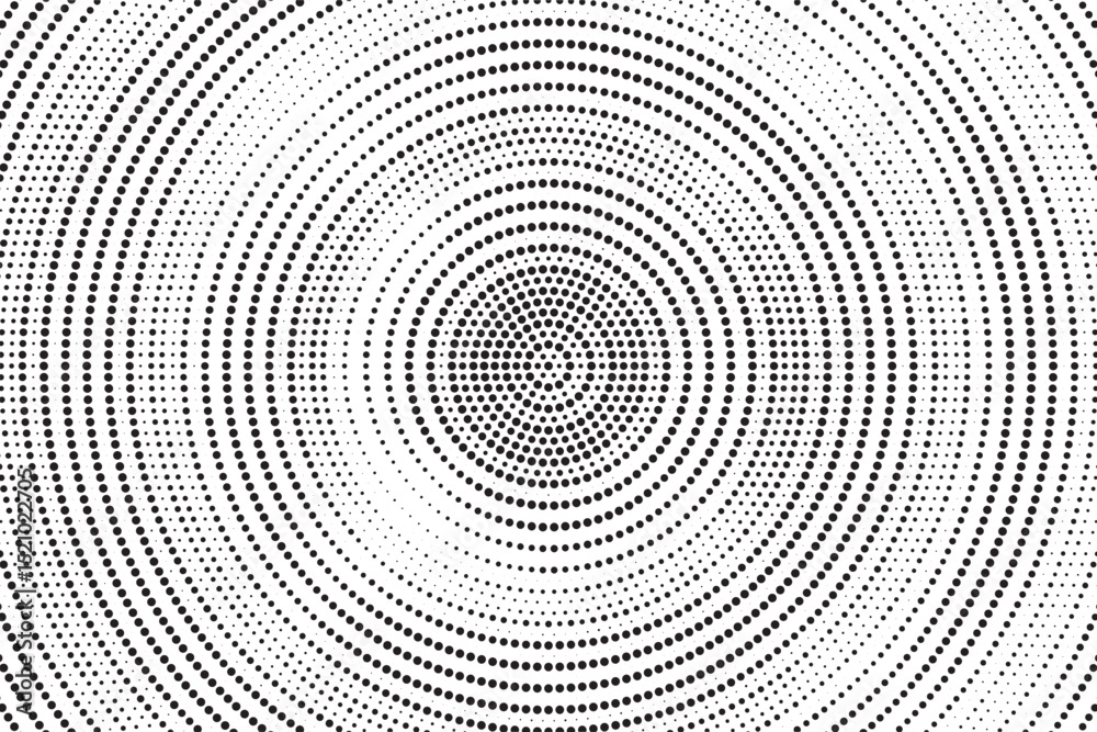 Aufkleber Radial halftone gradient background. Dotted concentric texture with fading effect. Black and white circle shade wallpaper. Grunge rough vector. Monochrome backdrop	