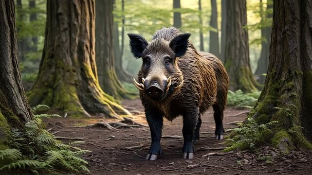 Wild boar standing in a serene forest, surrounded by tall trees and dappled sunlight