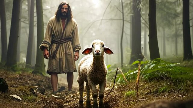 Jesus Christ The Shepherd in the middle of nature looking for the lost sheep offering eternal salvation