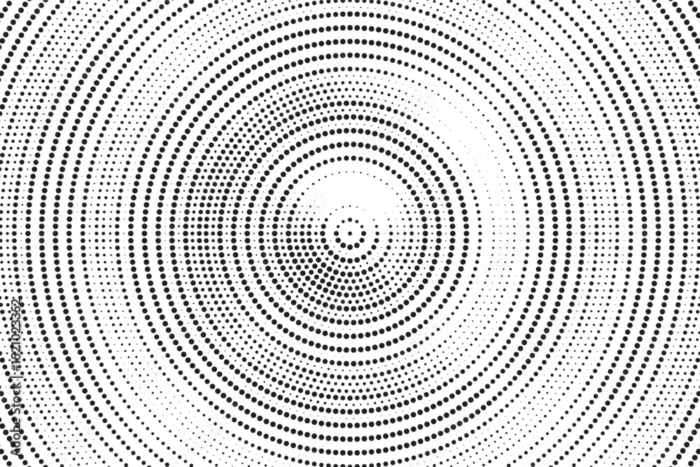 Poster Radial halftone gradient background. Dotted concentric texture with fading effect. Black and white circle shade wallpaper. Grunge rough vector. Monochrome backdrop