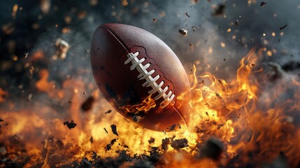 Fiery American football flying through flames and sparks, intense heat and motion captured in vivid detail