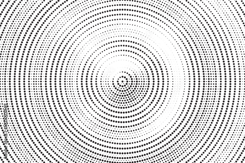 Poster Radial halftone gradient background. Dotted concentric texture with fading effect. Black and white circle shade wallpaper. Grunge rough vector. Monochrome backdrop