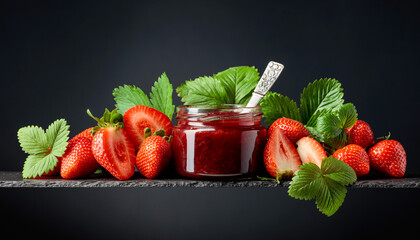 Strawberry jam and fresh berries on a black background.