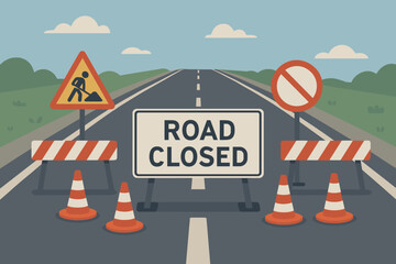 Vector illustration of road closure. Highway under construction with 'Road Closed' sign, warning triangle, traffic cones, and barriers. Detour, street repair, maintenance, no entry concept.