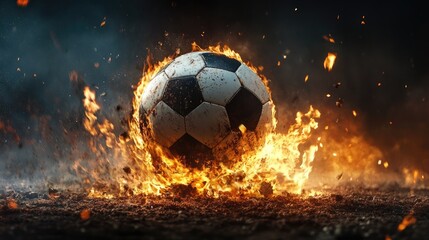 Fototapeta premium Dynamic football in flames, surrounded by heat waves and fire bursts, perfect for extreme action design