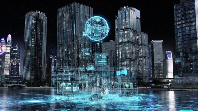 Futuristic cityscape with holographic technology elements