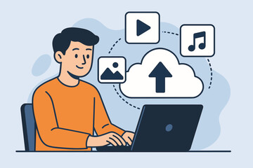 Man at laptop uploading multimedia files (images, video, music) to cloud storage. Data backup, online file sharing, synchronization. Information technology, cloud computing concept. Flat vector.