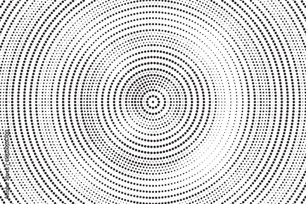 Poster Radial halftone gradient background. Dotted concentric texture with fading effect. Black and white circle shade wallpaper. Grunge rough vector. Monochrome backdrop