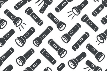 Seamless Pattern of Flashlights, Torch, and Illumination Tools. Handheld Lighting Equipment for Emergency, Adventure, Camping, and Security. Light Beam Elements.