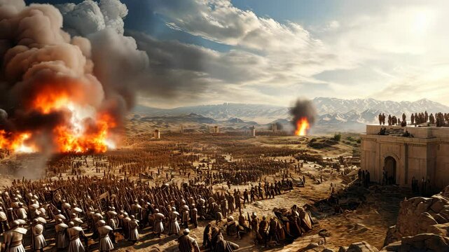 Apocalyptic destruction of a biblical city with fire and smoke in divine judgment
