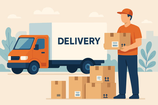 Modern delivery service illustration with courier unloading cardboard boxes from orange truck. Logistics, shipping, e-commerce, online shopping, fast transportation, package distribution vector.