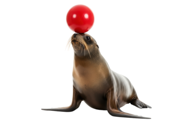 Isolated Sea Lion Balancing Red Ball on Nose