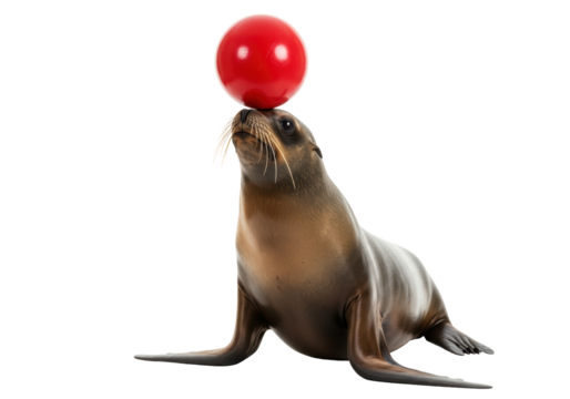 Isolated Sea Lion Balancing Red Ball on Nose